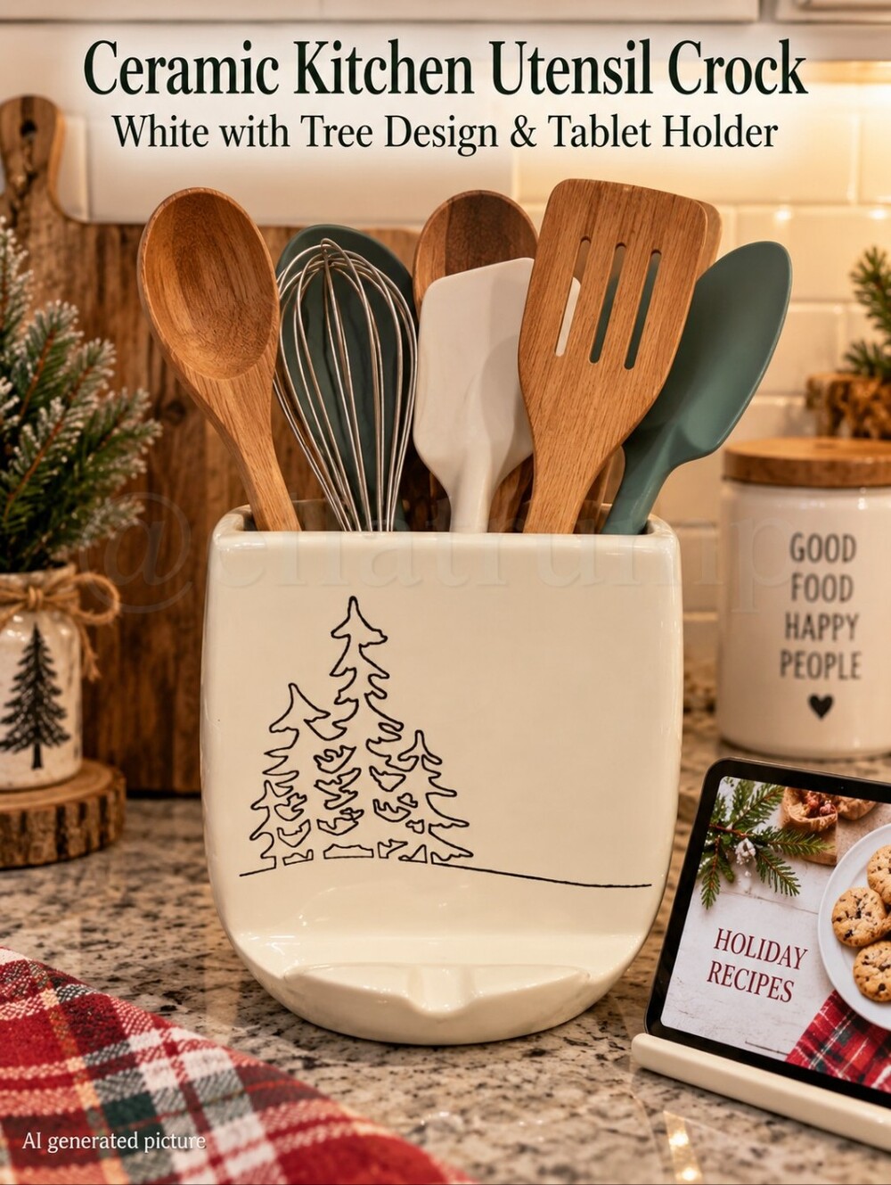 Ceramic Kitchen Utensil Crock White w Tree Design & Tablet Holder